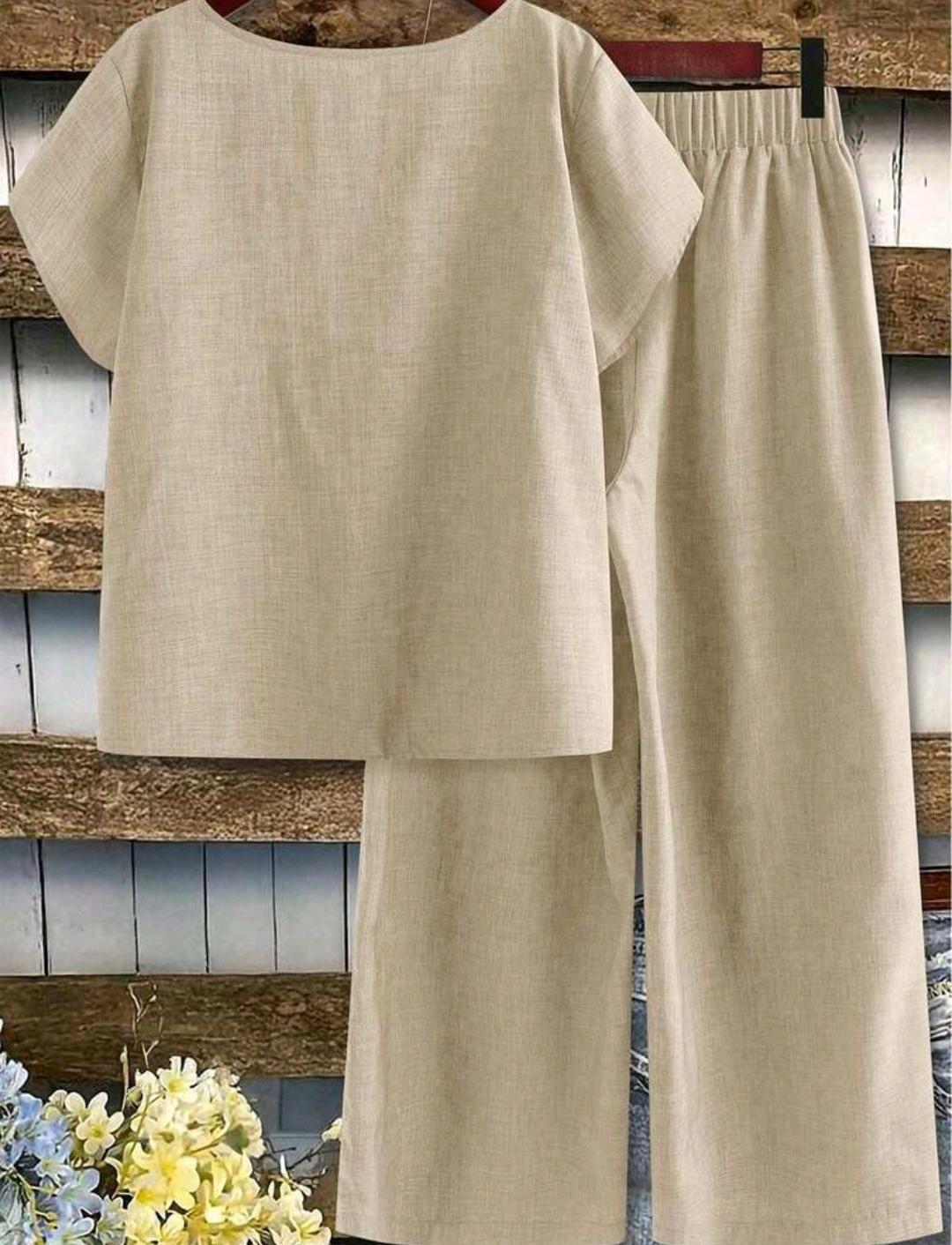 Conjunto de blusa lisa y pantalón ancho estampado | Bajo pedido