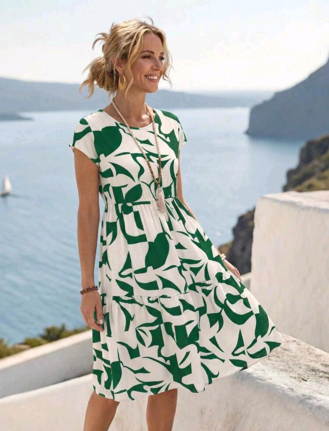 Vestido corto casual de manga corta con cuello redondo y estampado geométrico para mujer, primavera/verano