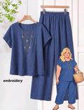 Rusticease Conjunto de 2 piezas de top de manga corta y pantalon largo para mujer talla grande, ropa de verano y primavera, estilo campestre, oficina, vacaciones, formal, azul marino, casual, suave y con forma.