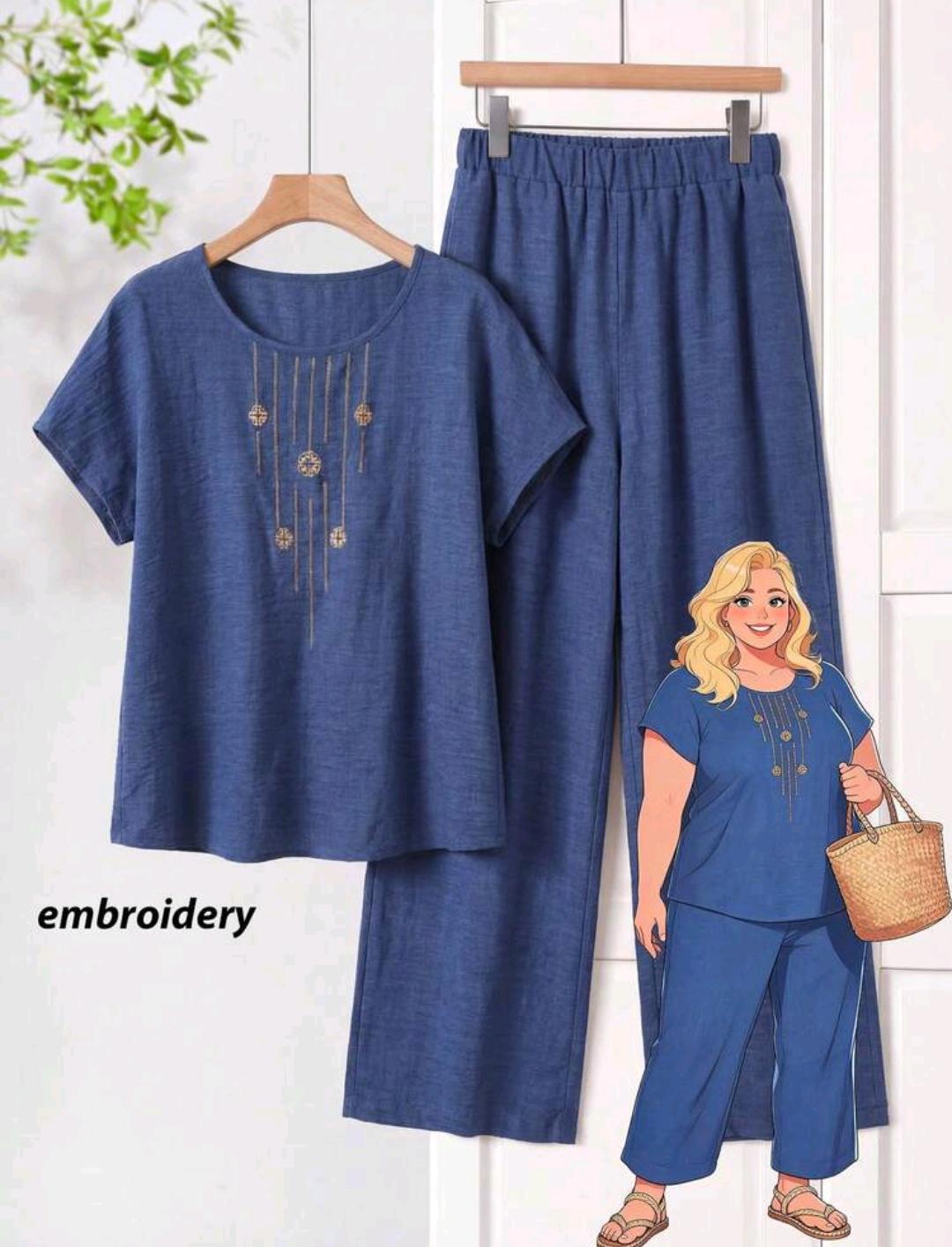 Rusticease Conjunto de 2 piezas de top de manga corta y pantalon largo para mujer talla grande, ropa de verano y primavera, estilo campestre, oficina, vacaciones, formal, azul marino, casual, suave y con forma.