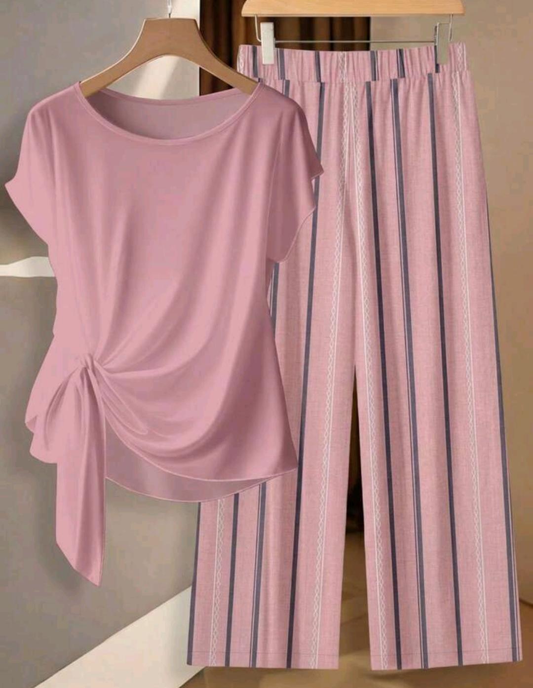 Conjunto de 2 piezas de camisa de mujer con estampado de rayas y lazo, y pantalones rectos sueltos