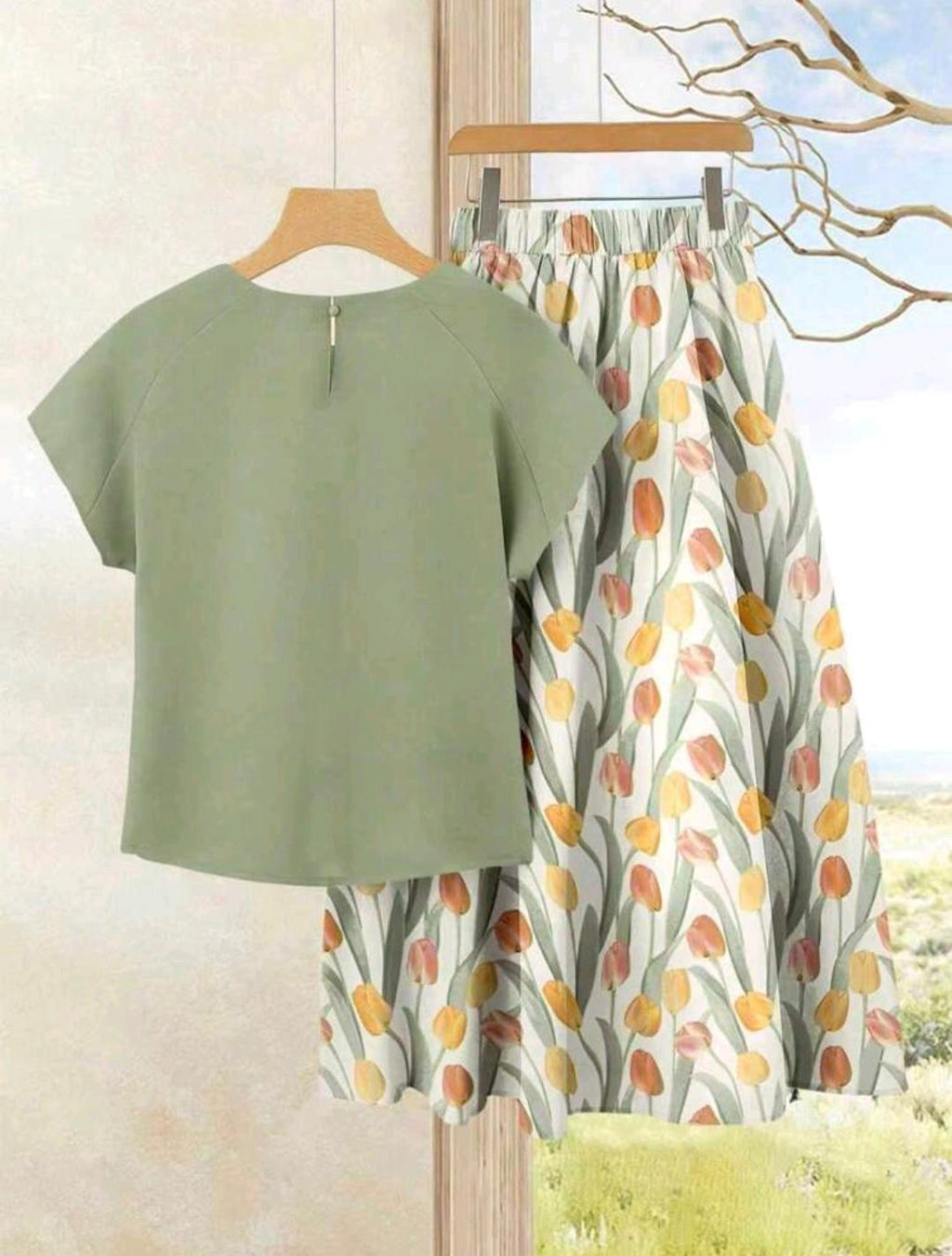 SHEIN LUNE Conjunto de 2 piezas para mujer de vacaciones casual elegante unicolor top+falda estampada, atuendo de verano, top estampado fiesta del té verde floral, atuendos de vacaciones para mujer.