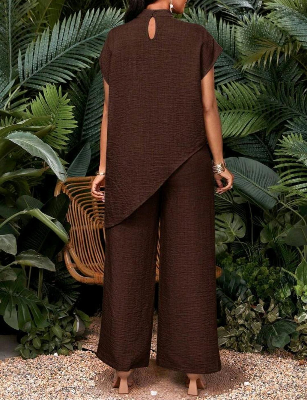 Conjunto de dos piezas de top y pantalones de talla grande, unicolor casual con bajo asimétrico