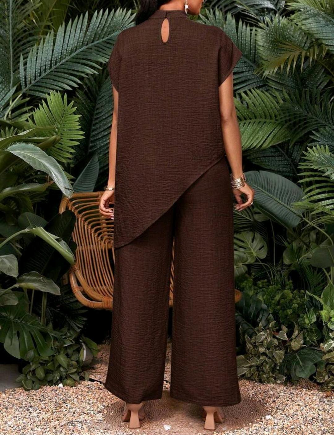 Conjunto de dos piezas de top y pantalones de talla grande, unicolor casual con bajo asimétrico