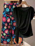 Set de 2 piezas de conjunto casual de verano para mujer, blusa con lazo verde a juego con pantalones rectos holgados con estampado geométrico