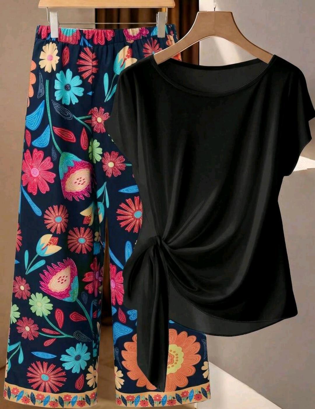 Set de 2 piezas de conjunto casual de verano para mujer, blusa con lazo verde a juego con pantalones rectos holgados con estampado geométrico