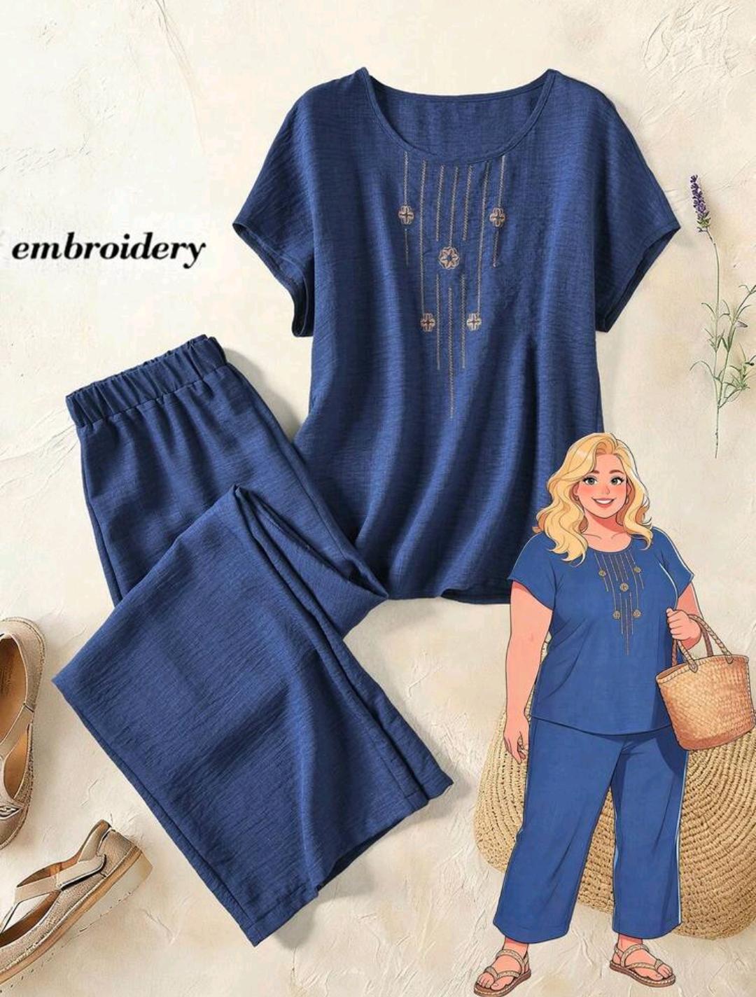 Rusticease Conjunto de 2 piezas de top de manga corta y pantalon largo para mujer talla grande, ropa de verano y primavera, estilo campestre, oficina, vacaciones, formal, azul marino, casual, suave y con forma.