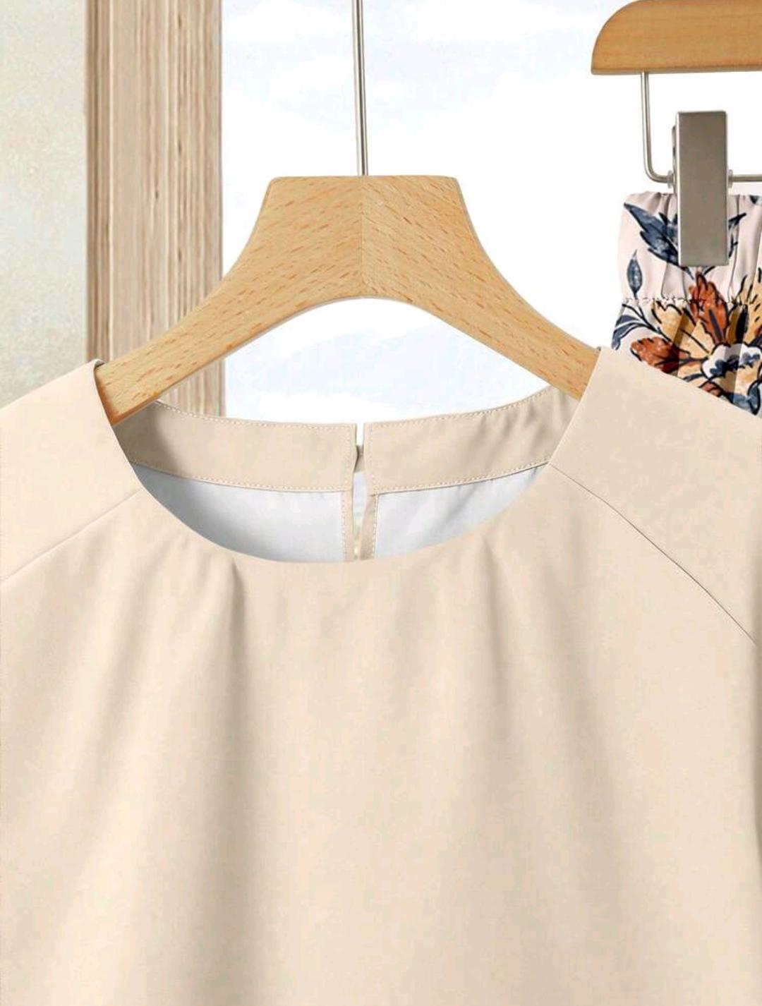 Rusticease Set de 2 piezas de top de color sólido + falda estampada para vacaciones casuales de mujer, conjunto de verano ideal para primavera y verano.