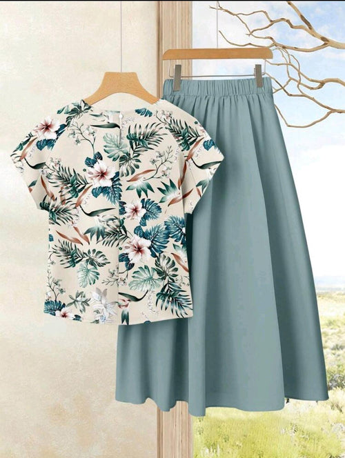 Conjunto de blusa con estampado de hojas tropicales + falda midi color sólido, conjunto de ropa de verano para mujer.