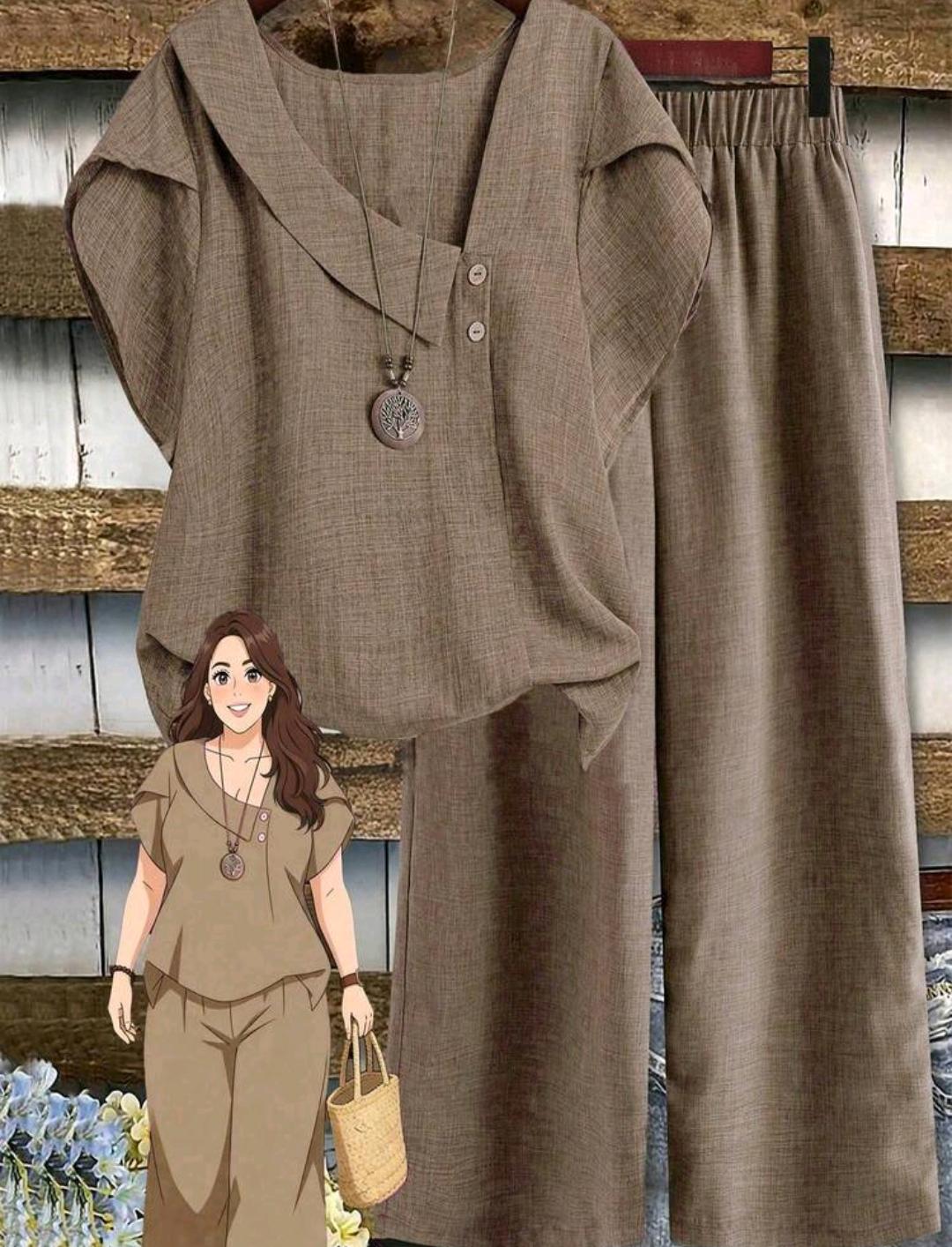 Conjunto de blusa lisa y pantalón ancho estampado | Bajo pedido