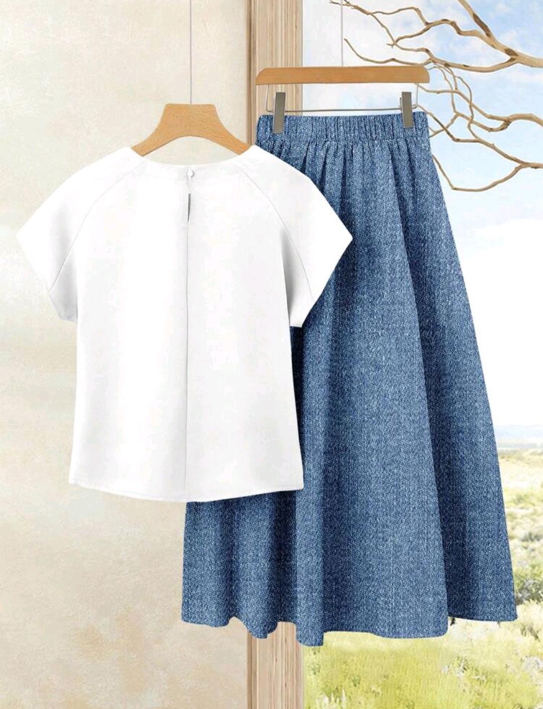 Rusticease Set de 2 piezas Conjunto de top casual de vacaciones + falda azul con estampado de corazón para mujer - Conjunto de falda y top bohemio de verano para playa, crucero, festival de música, boda, viaje a la ciudad, uso en isla y campo
