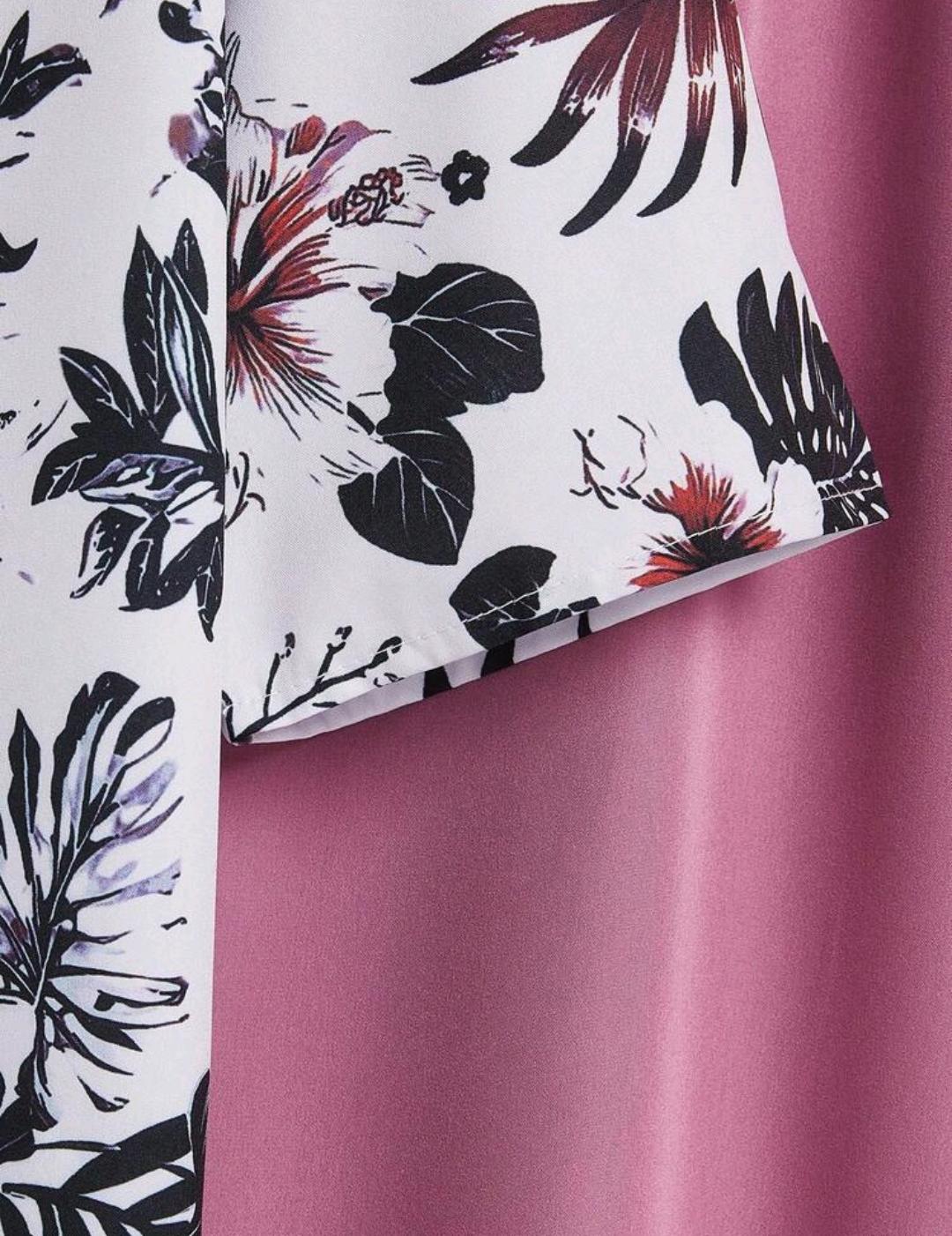 Conjunto de 2 piezas para mujer con blusa de manga corta con estampado floral y pantalón largo de unicolor, para otoño