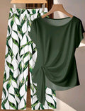 2 piezas Conjunto verde oscuro y pantalones rectos holgados con estampado geométrico, adecuado para primavera y verano.