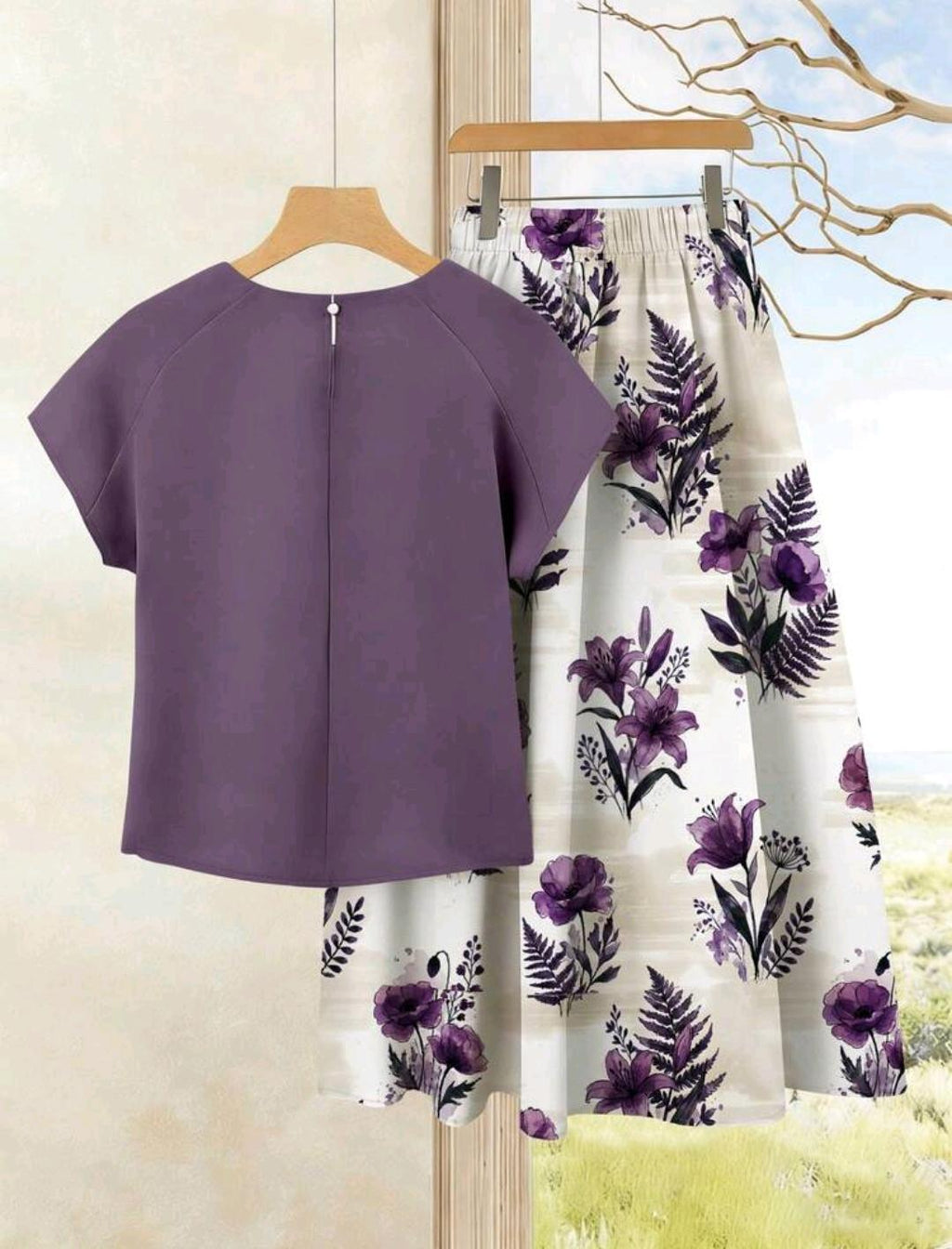 2 piezas Conjunto casual de verano para mujer con parte superior de unicolor + falda estampada.