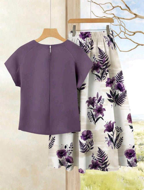 2 piezas Conjunto casual de verano para mujer con parte superior de unicolor + falda estampada.