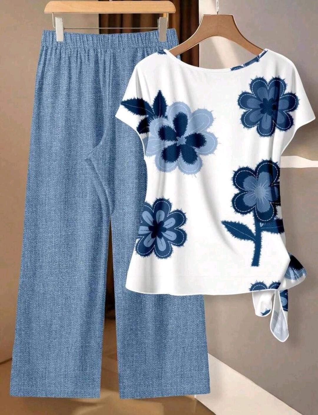 Blusa de mujer con estampado floral y lazo, y pantalones rectos sueltos de 2 piezas - Conjunto de ropa de verano, primavera, playa, festival, vacaciones, oficina, campo.