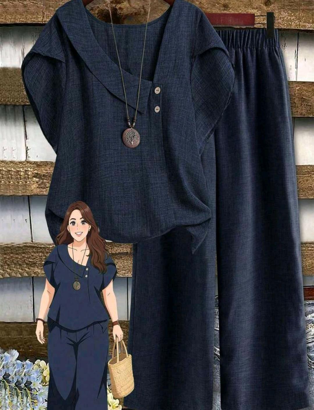 Conjunto de blusa lisa y pantalón ancho estampado | Bajo pedido