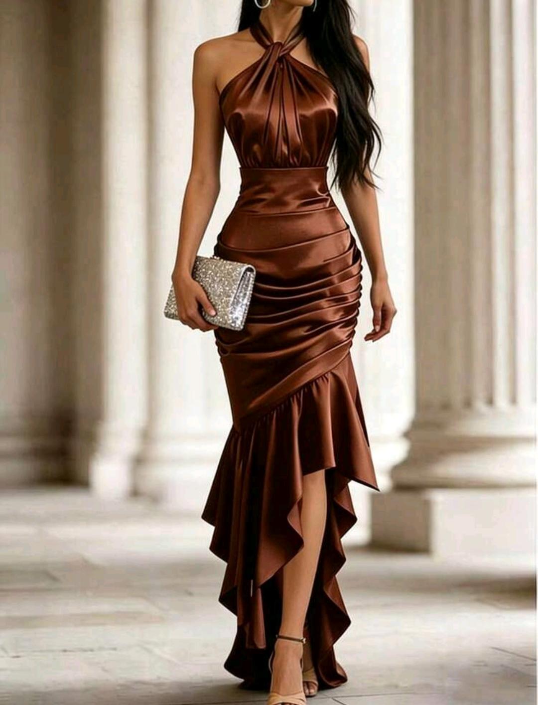 Vestido elegante con cuello halter y volantes | Bajo pedido