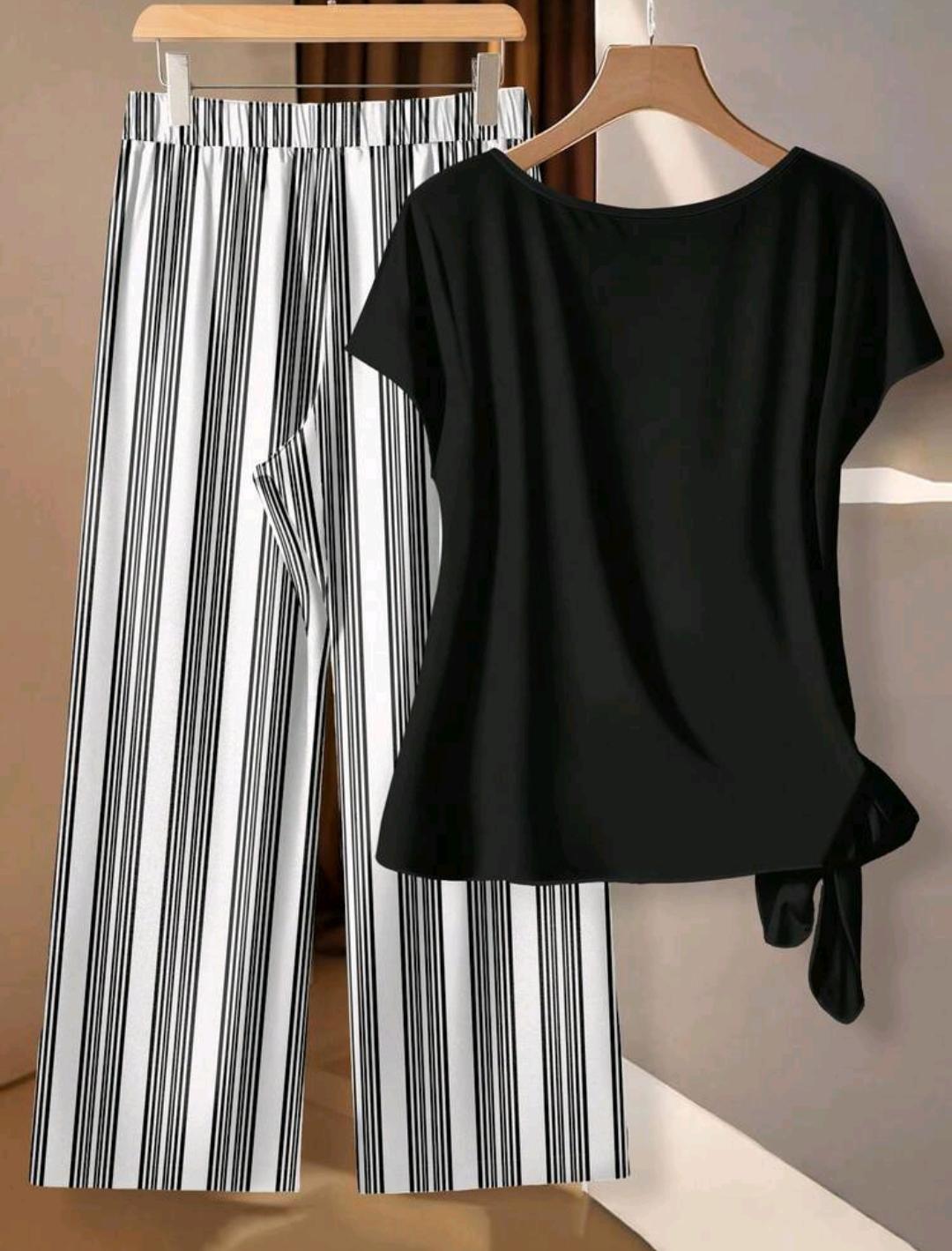 SHEIN VCAY Conjunto informal de 2 piezas con estampado de rayas, adecuado para el verano, talla grande.