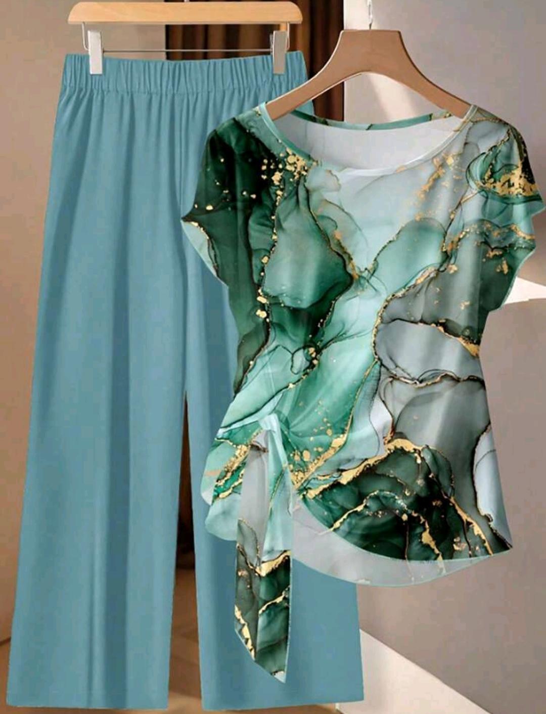 Conjunto Ámbar de blusa estampada y pantalón de pierna ancha | Bajo pedido