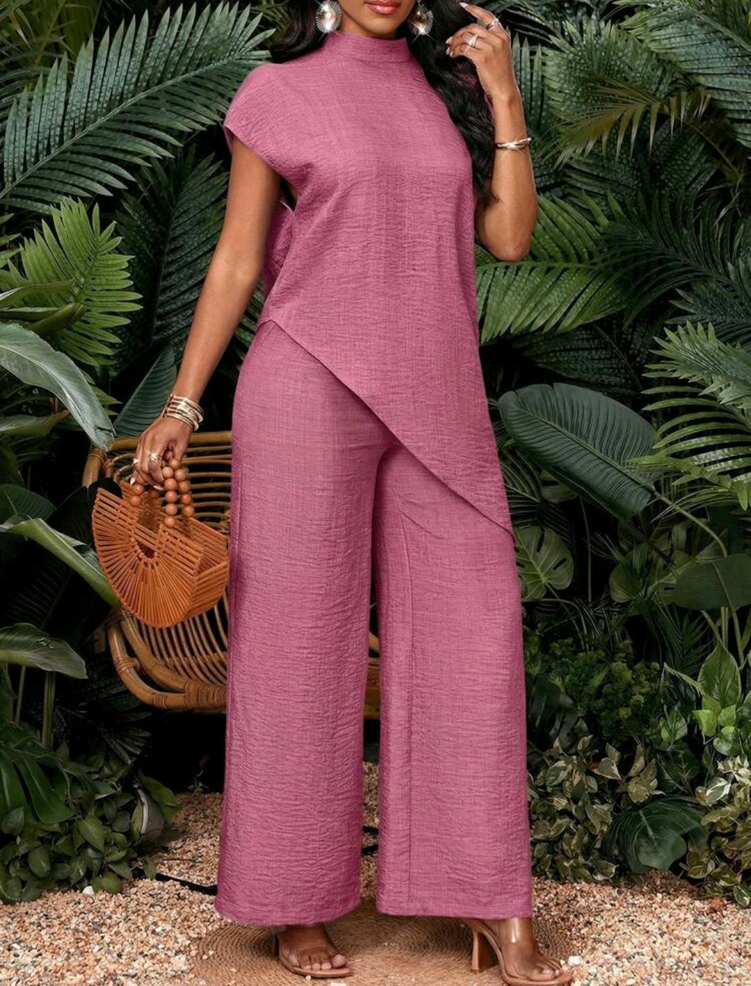 Conjunto de 2 piezas de top y pantalones de unicolor con bajo asimétrico para vacaciones de mujer