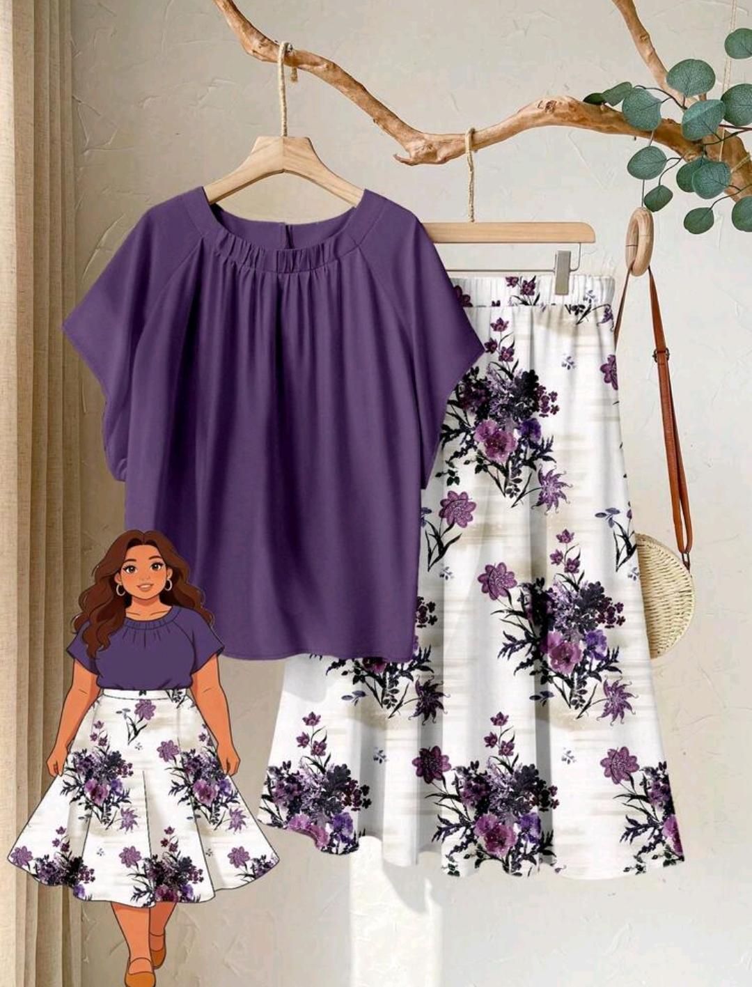 Set de 2 piezas, estilo floral color  Morado ideal para vacaciones de verano estilo casual unicolor parte superior + falda estampada.