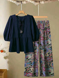 Linhara Conjunto casual de 2 piezas de blusa estilo boho liso con nudo adelante y pantalones estampados de paisley para mujer talla grande.