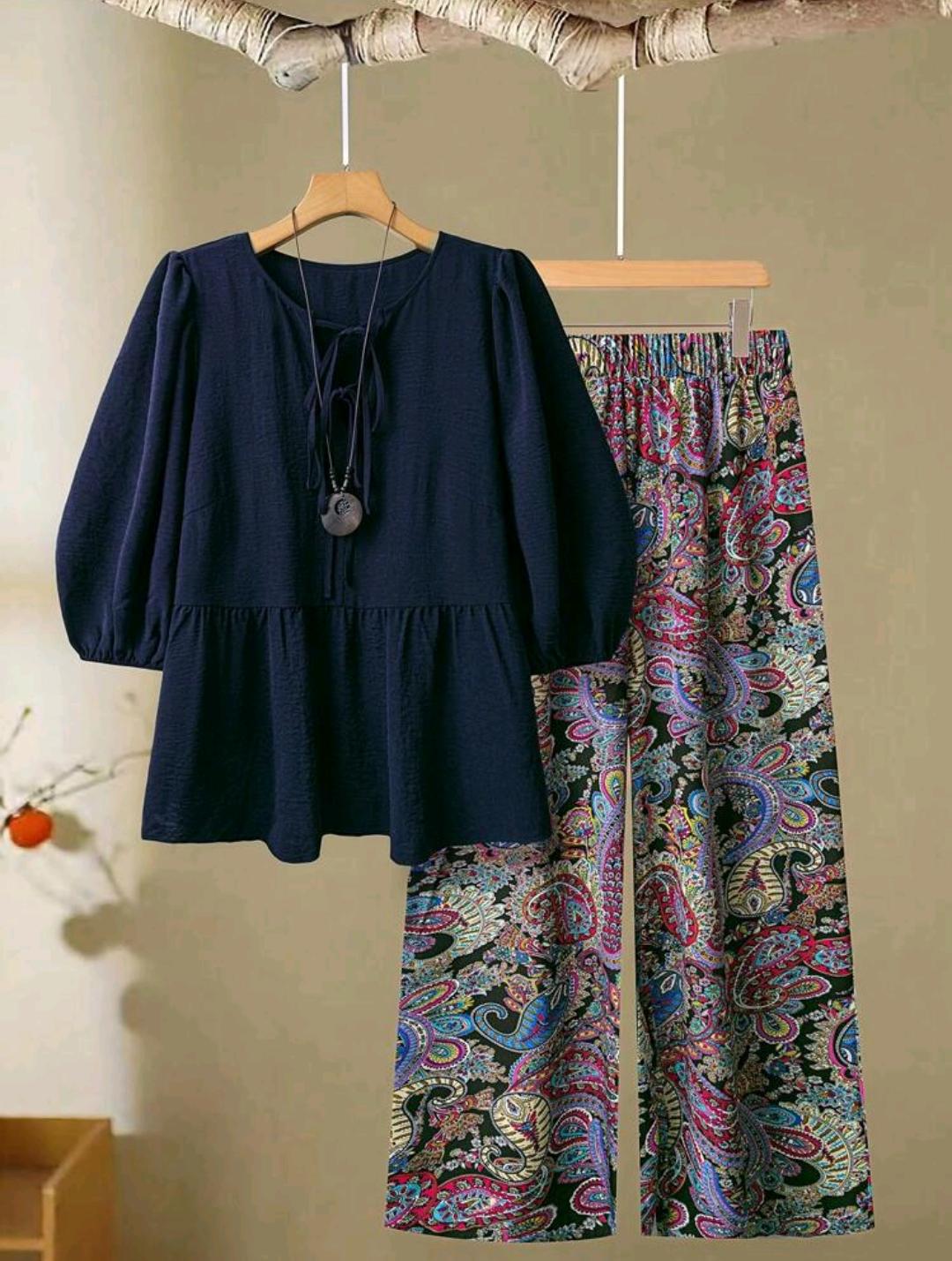 Linhara Conjunto casual de 2 piezas de blusa estilo boho liso con nudo adelante y pantalones estampados de paisley para mujer talla grande.