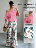 Set de 2 piezas con top de hombro asimétrico y pantalones con estampado floral