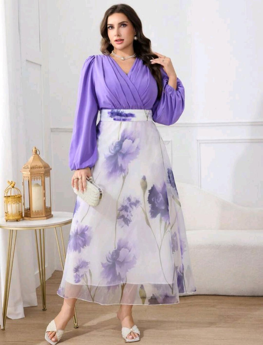 Modelyn Vestido de talla grande para mujer, estilo elegante con estampado floral, mangas de farol y cintura ceñida, estilo resort