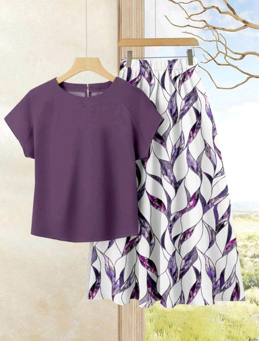 Rusticease Conjunto de 2 piezas para mujer de top de color liso + falda estampada, elegante y casual para vacaciones, atuendo de verano, top estampado, malva púrpura, púrpura floral.