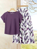 Rusticease Conjunto de 2 piezas para mujer de top de color liso + falda estampada, elegante y casual para vacaciones, atuendo de verano, top estampado, malva púrpura, púrpura floral.