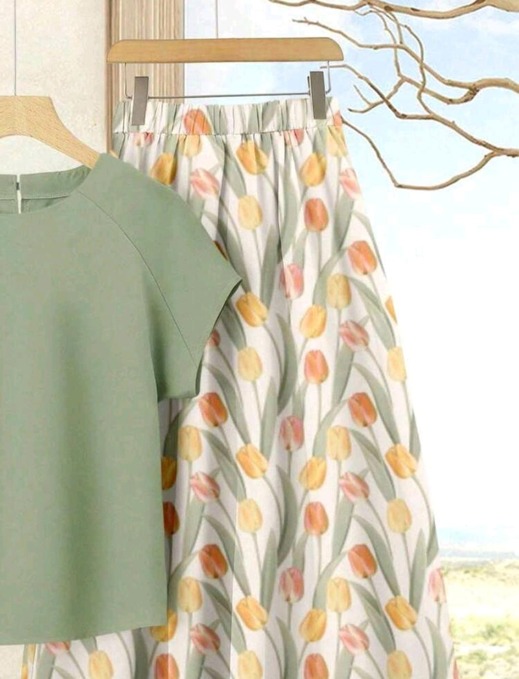 SHEIN LUNE Conjunto de 2 piezas para mujer de vacaciones casual elegante unicolor top+falda estampada, atuendo de verano, top estampado fiesta del té verde floral, atuendos de vacaciones para mujer.
