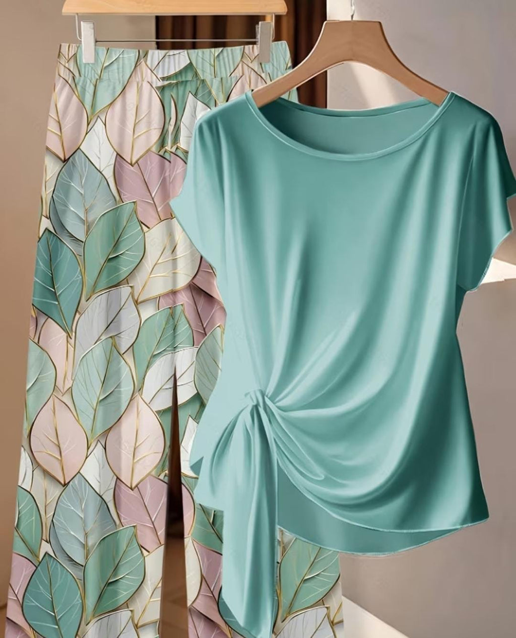 Conjunto de 2 piezas de pantalón y blusa con estampado de hojas