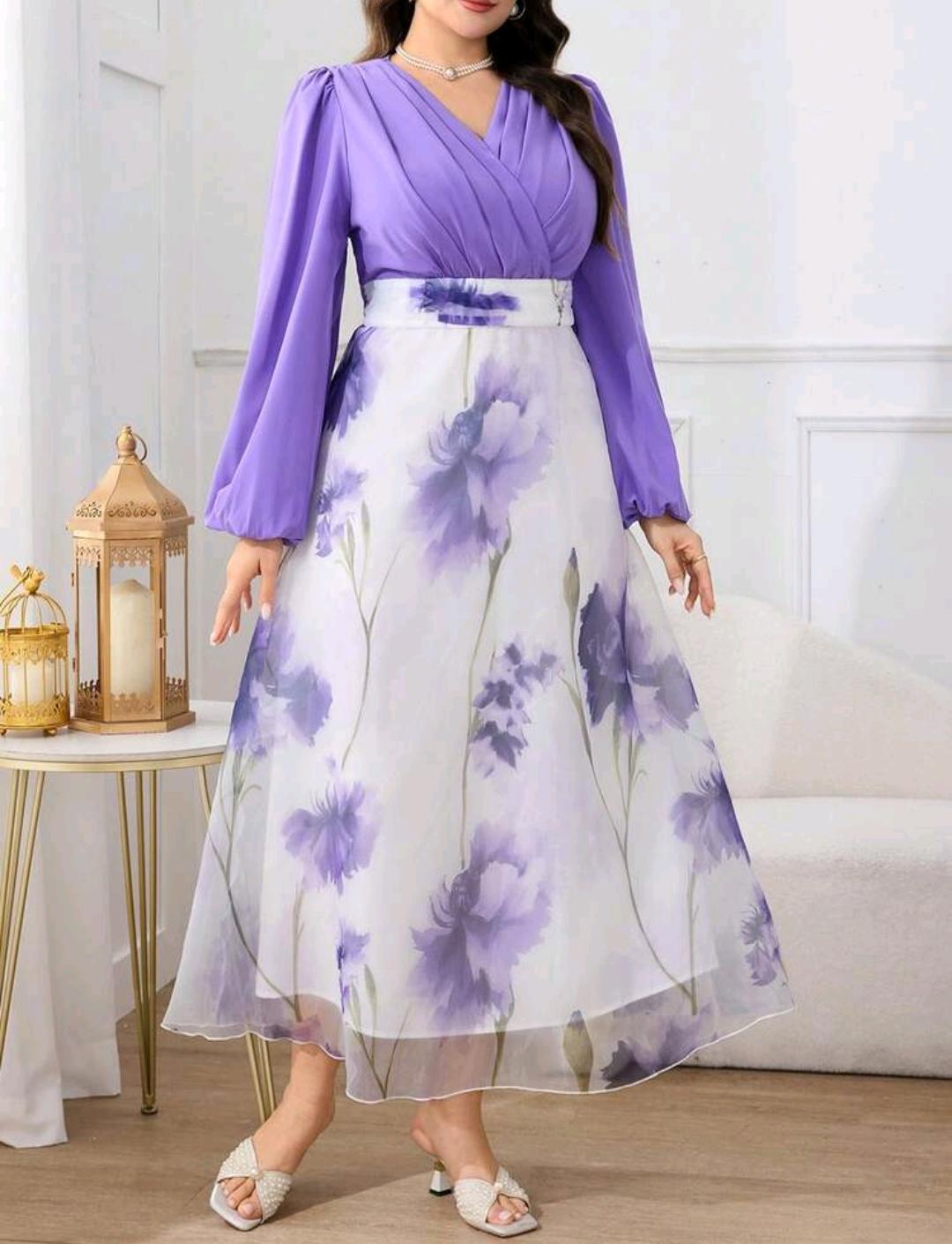 Modelyn Vestido de talla grande para mujer, estilo elegante con estampado floral, mangas de farol y cintura ceñida, estilo resort