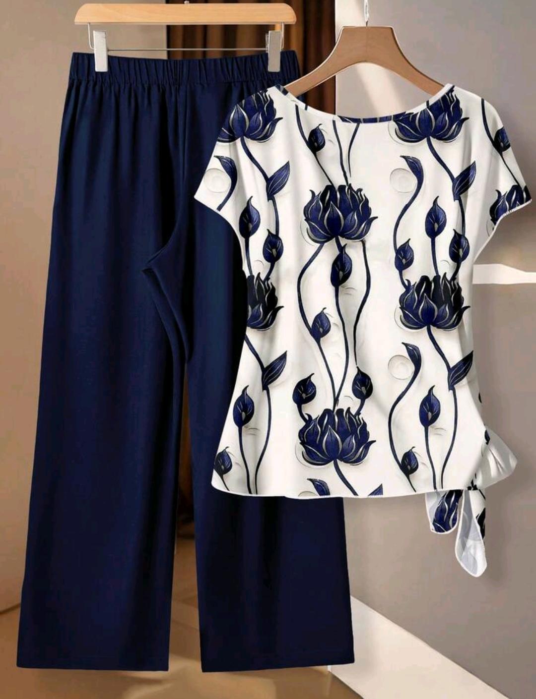 Conjunto de 2 piezas casual de blusa con lazo y pantalón de pierna recta para mujer