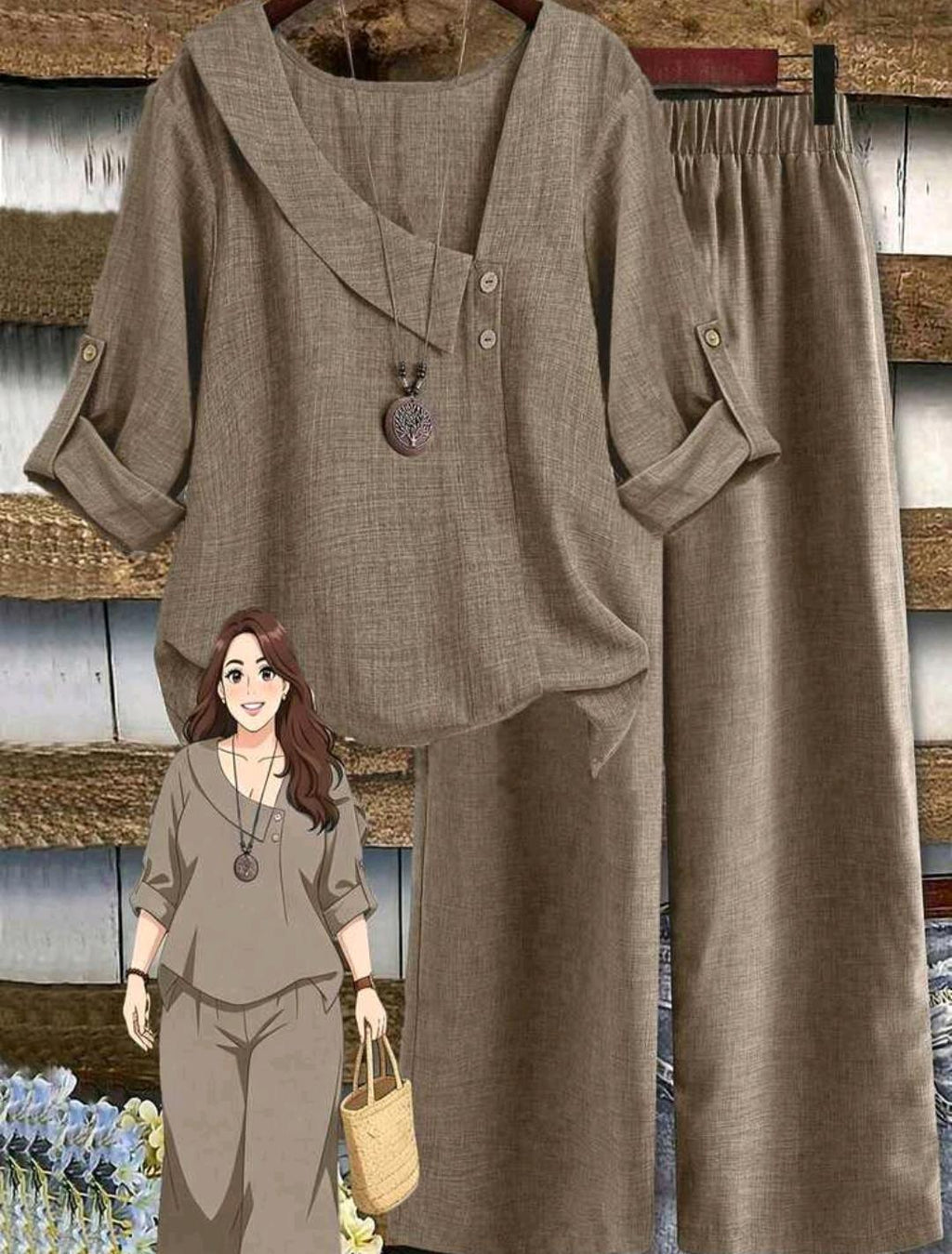 Conjunto de blusa lisa y pantalón ancho estampado | Bajo pedido