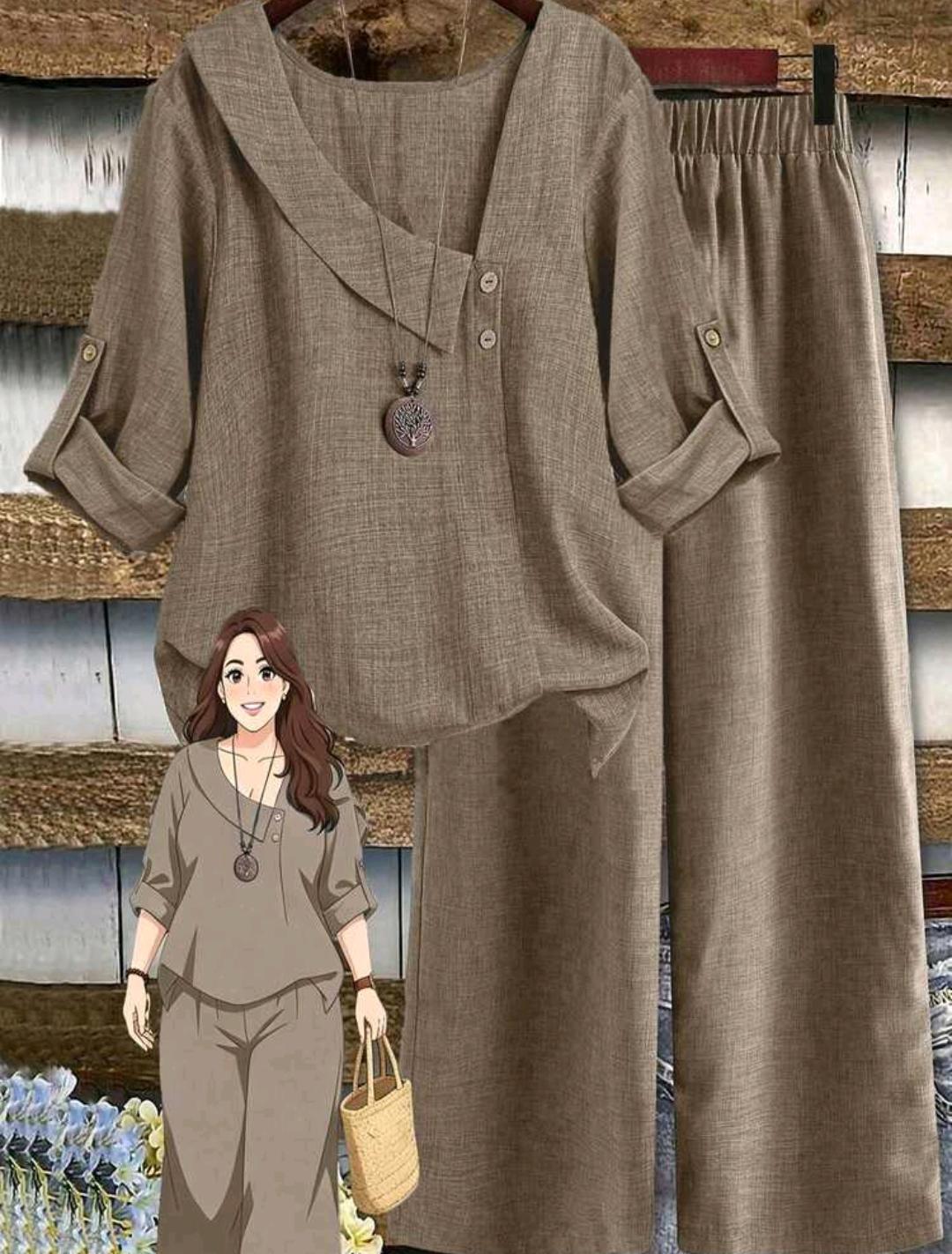 Conjunto de blusa lisa y pantalón ancho estampado | Bajo pedido