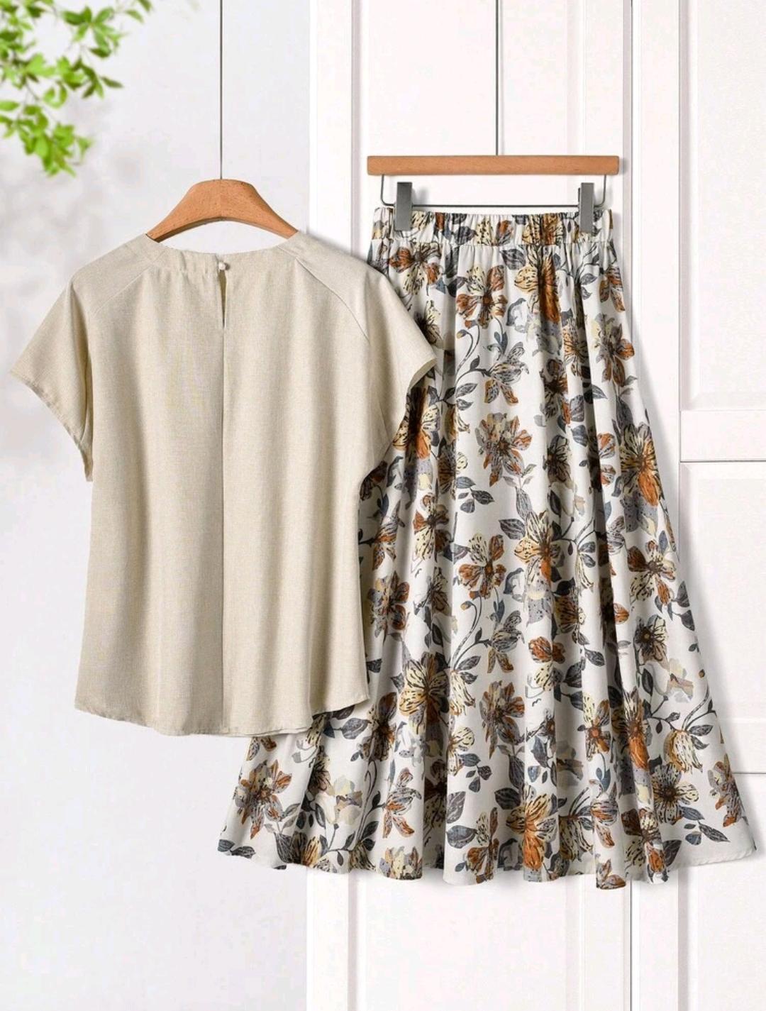 Conjunto de 2 piezas para mujer, top de color liso y falda con estampado floral, estilo casual vintage elegante, para vacaciones de verano.