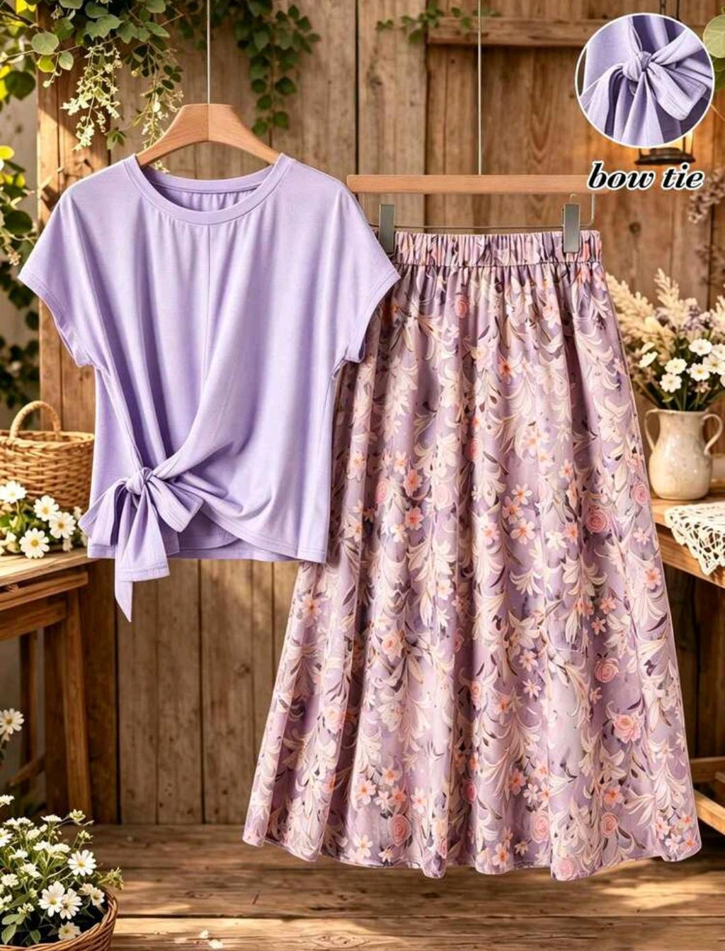 Rusticease Conjunto de 2 piezas para mujer: top de manga corta de unicolor & falda estampada