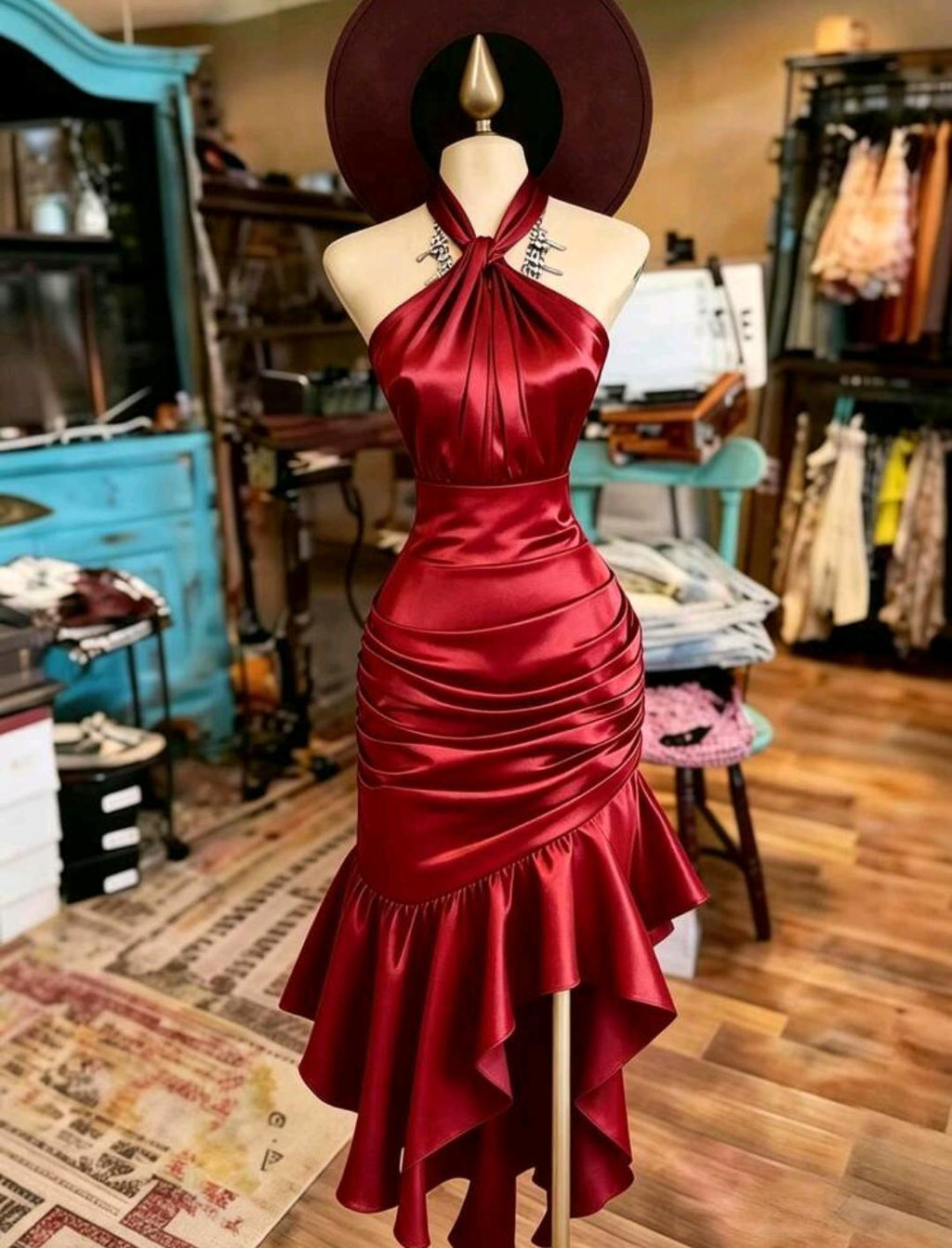 Vestido elegante con cuello halter y volantes | Bajo pedido