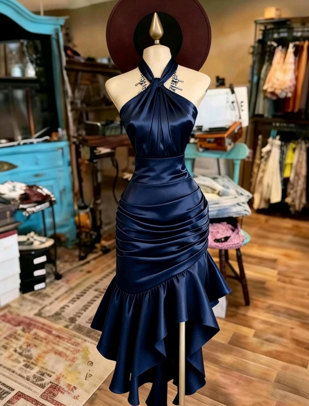Vestido elegante con cuello halter y volantes | Bajo pedido