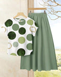 Conjunto de 2 piezas de falda y blusa holgada, color blanco con lunares, estilo casual de verano para vacaciones, bohemio, elegante con estampado de círculos verdes, outfit de uso diario.