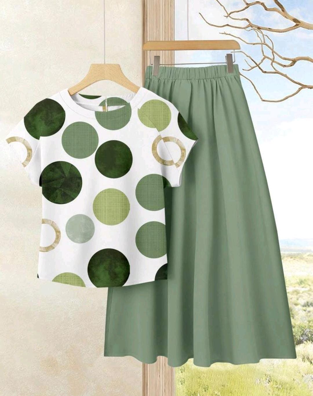 Conjunto de 2 piezas de falda y blusa holgada, color blanco con lunares, estilo casual de verano para vacaciones, bohemio, elegante con estampado de círculos verdes, outfit de uso diario.