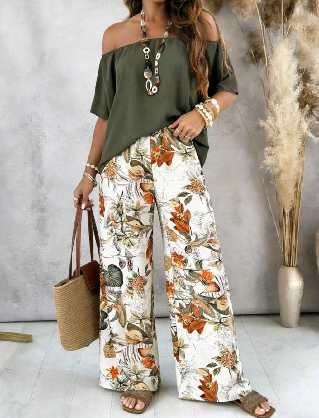 Conjunto casual de 2 piezas para vacaciones con top de hombro asimétrico con estampado de hojas y pantalones de pierna recta, primavera/verano, para mujeres.