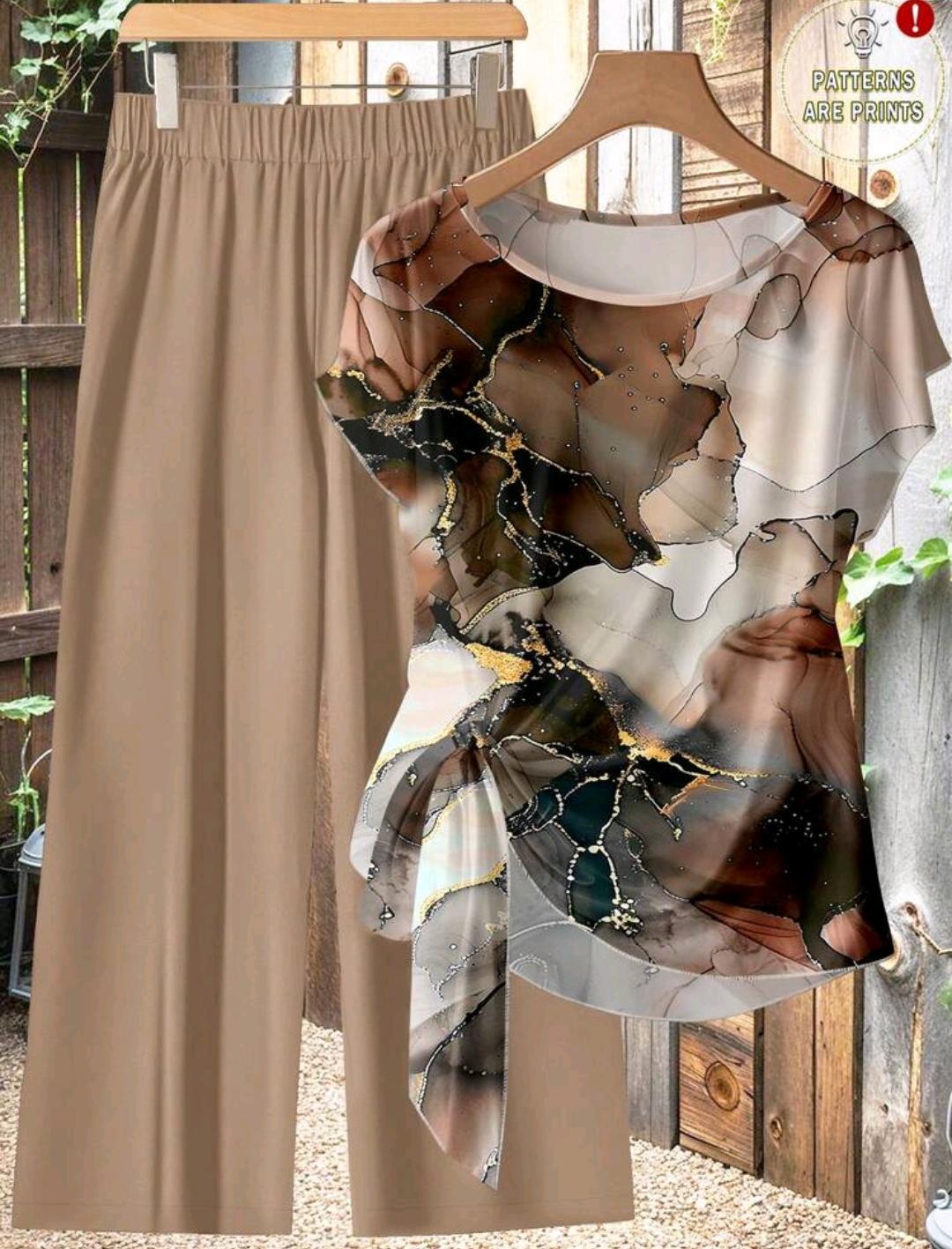 Conjunto Ámbar de blusa estampada y pantalón de pierna ancha | Bajo pedido