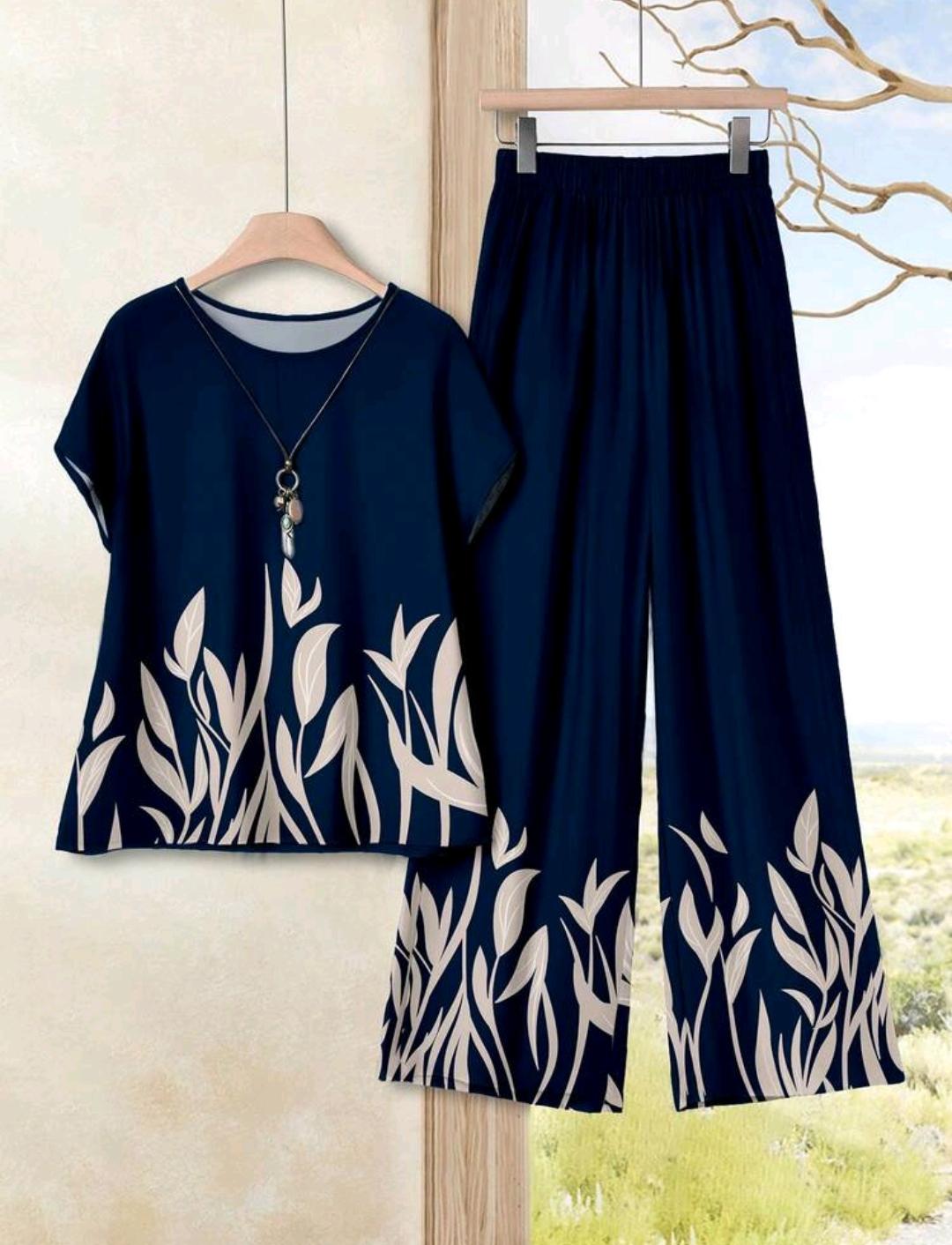 EMERY ROSE Conjunto de 2 piezas con estampado de hojas minimalista, adecuado para vacaciones, talla grande