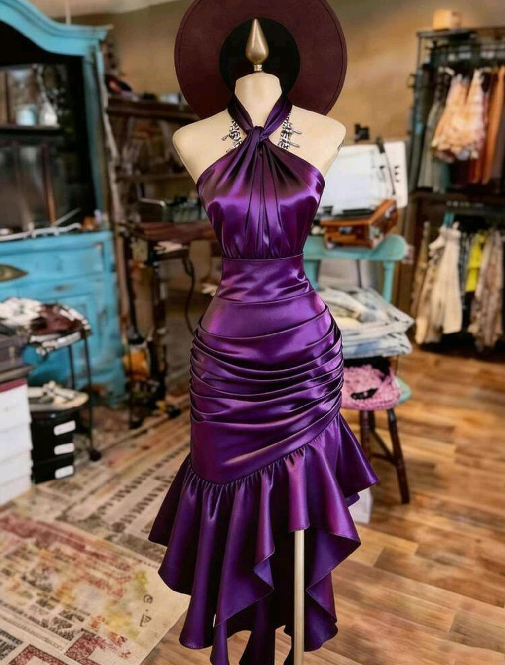 Vestido elegante con cuello halter y volantes | Bajo pedido