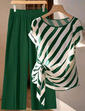 SHEIN Talla CURVE Conjunto casual de 2 piezas de camisa con mangas de murciélago a rayas y cintura con lazo, y pantalones de pierna ancha para mujer de talla grande