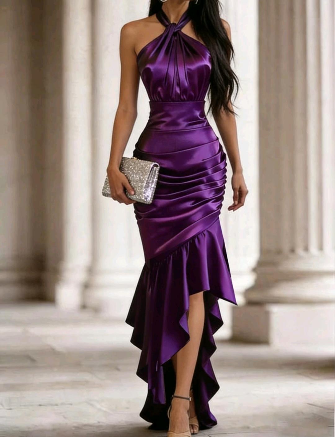 Vestido elegante con cuello halter y volantes | Bajo pedido